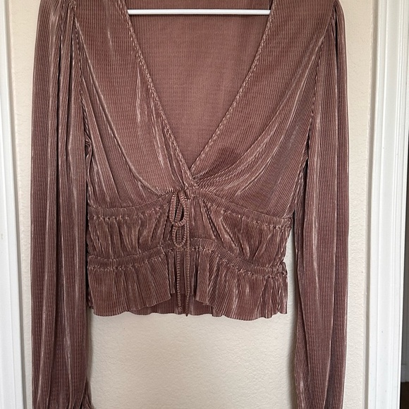 Zara Taupe V-Neck Blouse with Drawstring - Picture 2 of 4